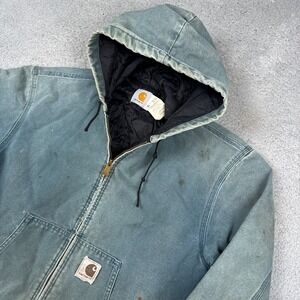 Vintage Carhartt Jacket Cobalt Blue Canvas Quilt Lined Men's Large JQ296 Hooded
